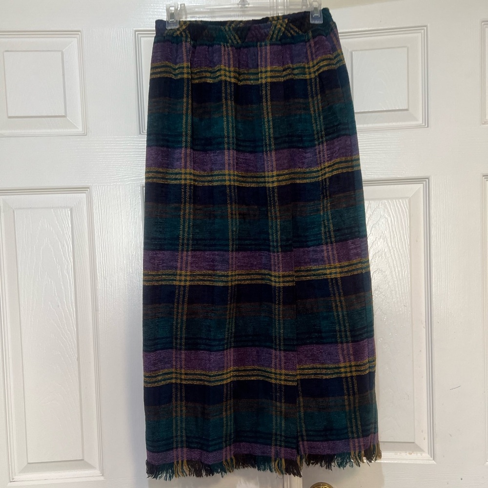 Vintage Plaid Midi blanket Skirt Purple Green preppy chic office casual size 10 - Picture 4 of 14